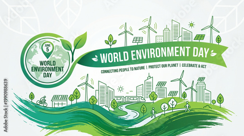 Green city landscape with wind energy trees and eco lifestyle concept promoting environmental awareness for sustainable future campaign banner design theme