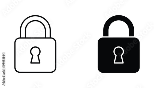 Classic metal padlock security icon set in line and solid styles for privacy protection and data encryption concepts