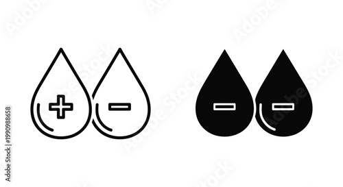 Blood drop icons with positive and negative symbols in outline and solid black styles