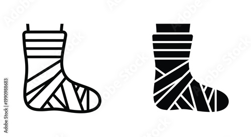 Broken bone cast icon in outline and solid black styles for orthopedics and medical design