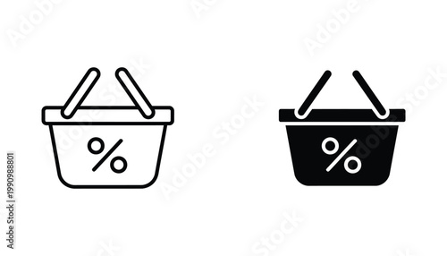 Shopping basket with percentage discount sign icon set in outline and solid black vector format for retail and e-commerce marketing strategy