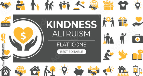 Kindness Altruism Compassion Solid Icons for Empathy and Support featuring Charity Helping Hands Care Love Community Professional Vector Set Editable