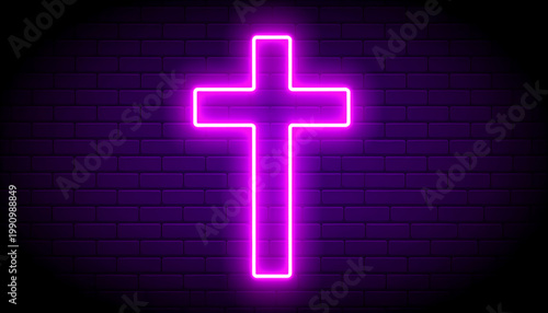 Vibrant purple neon christian cross glowing on a dark brick wall for modern religious spiritual designs