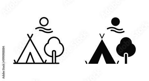 Camping tent icon set with tree and sun symbol for outdoor adventure and travel brands