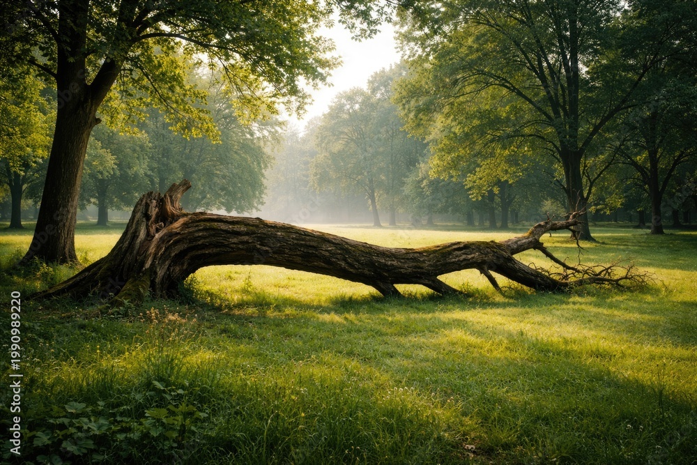 Fototapeta premium A broken tree stretched across an open meadow in a peaceful park