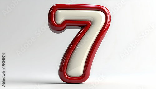 Three dimensional glossy number seven with red border and cream core isolated on white background