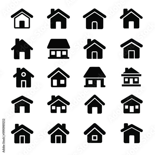 An extensive array of simple solid black house icons depicting various basic architectural forms.
