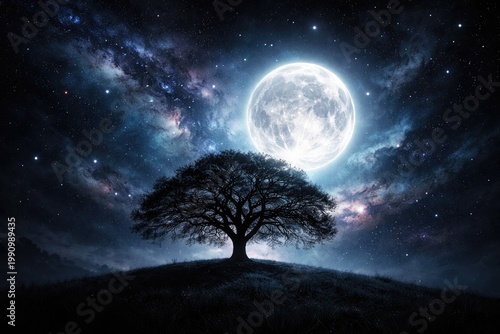 silhouette of a lone tree beneath a glowing moonlit cosmic night