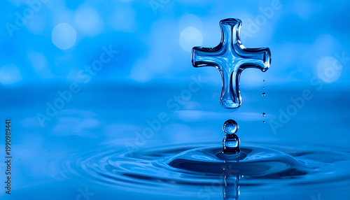 Christian cross shape formed by water splash on blue background with soft bokeh lighting and ripples