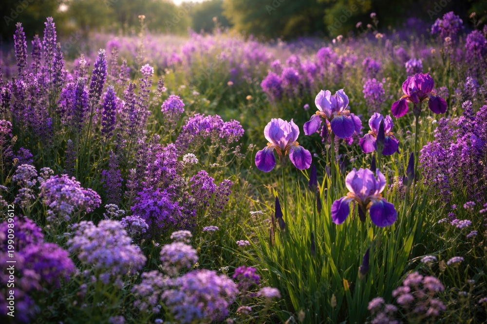 Obraz premium Lush field showcasing diverse purple flowers including irises and violet clusters