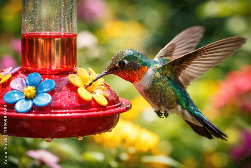 Fototapeta premium A vibrant hummingbird enjoying food at a colorful feeder