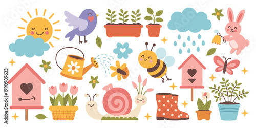 Spring Garden Elements Collection With Cute Animals And Plants