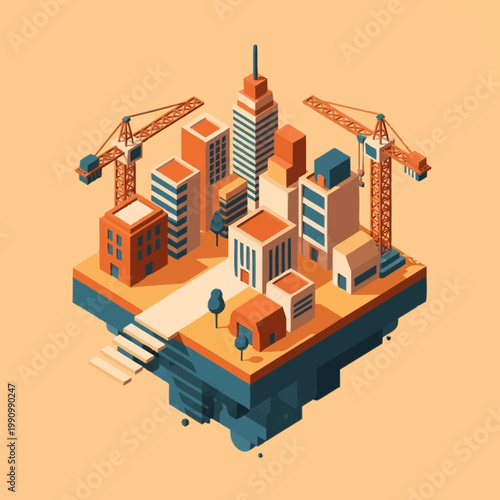 Isometric city under construction with cranes and buildings.