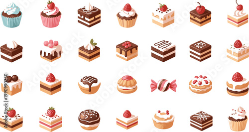 Dessert collection with cupcakes, cakes, pastries and candies in detailed flat style for bakery menu design, cafe branding and sweet food illustration