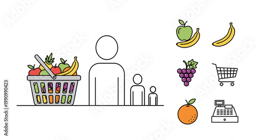 Colorful illustration of a family shopping for fresh fruit at a grocery store with a basket and cart, Generative AI.