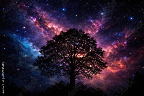 nighttime tree shadow framed by glowing stars and cosmic nebula
