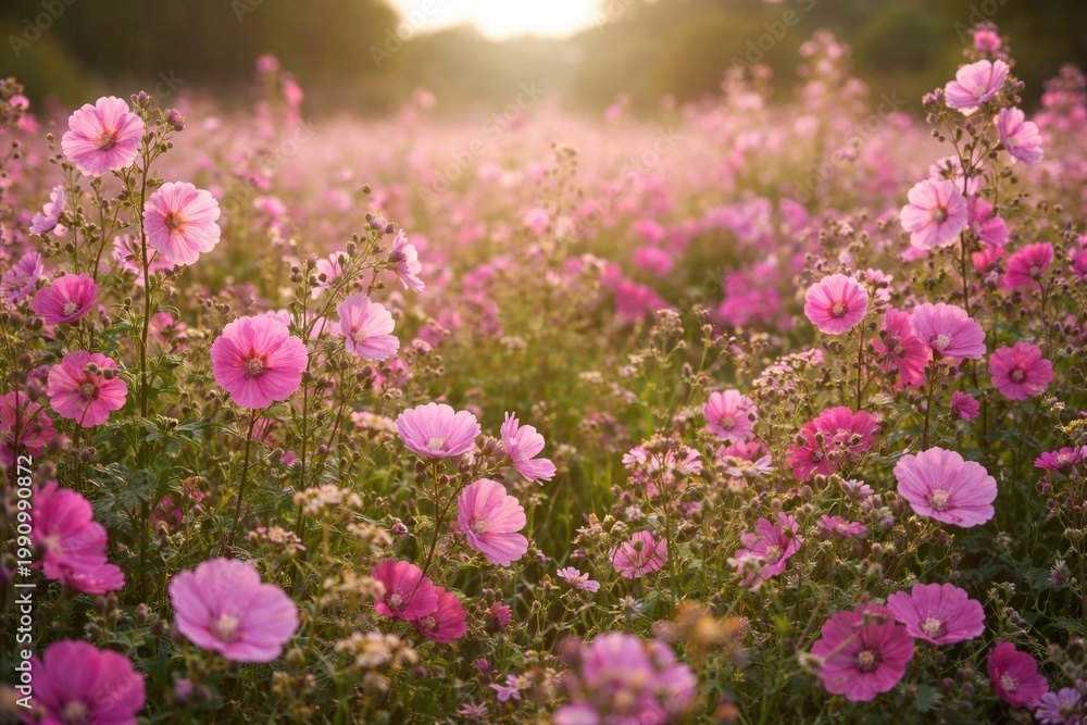 Obraz premium Field of bright pink flowers featuring Althaea officinalis and Malva sylvestris