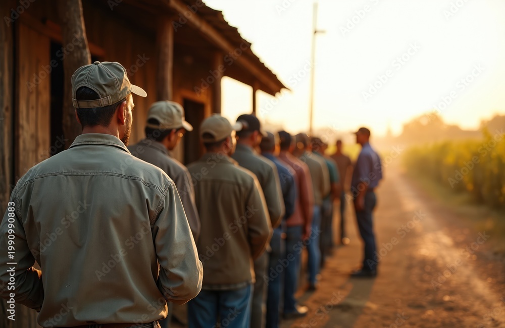 Fototapeta premium Farmworkers queue near shed for pay at sunset. Men wait for supervisor on rural dirt road. Golden hour light illuminates vineyard and building.