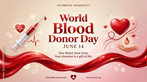 World blood donor day creative healthcare banner with syringe heart and flowing red wave design representing donation awareness and life saving campaign promotion