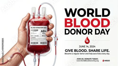 World blood donor day healthcare concept with hand holding blood bag and donation tube symbolizing life saving support for medical awareness campaign promotion design