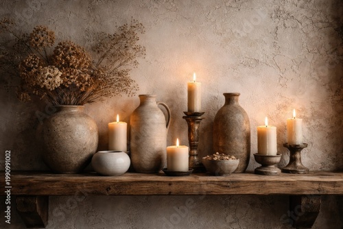 Rustic wooden shelf with neutral vases and burned candles against shabby white wall