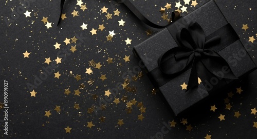 Sophisticated black present with scattered gold star confetti and an elegant bow