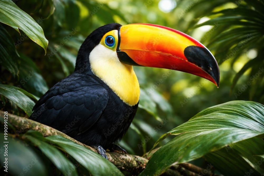 Obraz premium Exotic toucan with strikingly colored bill resting amid green leaves