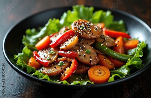 Asian stir fry with teriyaki sauce meat and fresh vegetables. Sliced bell pepper, carrots and green beans mix. Garnished with black and white sesame seeds served on lettuce leaf.