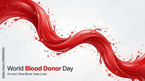 World blood donor day abstract red liquid wave background with splash effect representing donation flow and life saving healthcare awareness campaign design