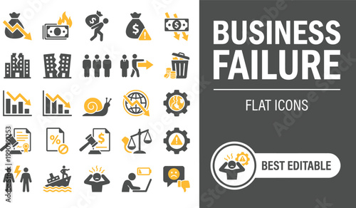 Business Failure Solid Icon Set. Bankruptcy, Debt, Loss, Crisis, Recession, Downward Trend. Editable Vector Illustration Collection Set.