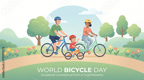 Family cycling together in park scene promoting healthy lifestyle bonding and sustainable transport awareness for children activity campaign creative banner design
