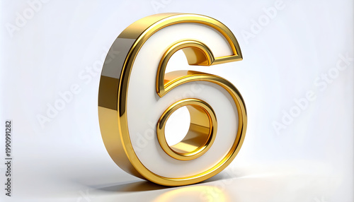 Elegant 3D number six with gold metallic outline and white core on minimalist studio background