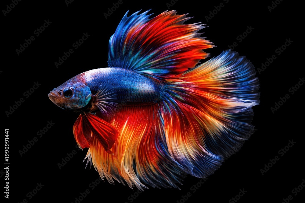 Fototapeta premium Vibrant betta fish displaying fins on pure black backdrop