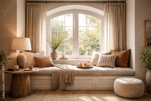 warm cozy corner with a built in window seat and stylish bench