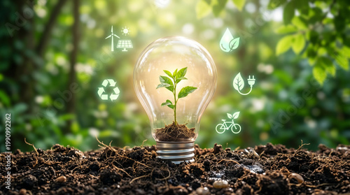 Eco energy concept with plant growing inside light bulb representing sustainable future innovation and environmental awareness idea for green campaign design use