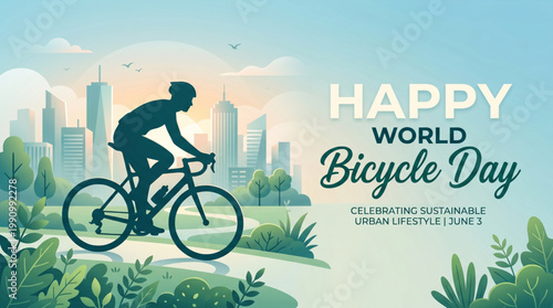 Urban cycling silhouette in modern city landscape expressing sustainable lifestyle movement and clean transport awareness for global celebration campaign banner design