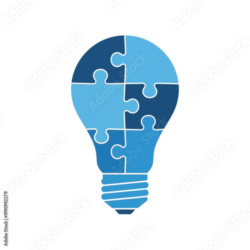Blue lightbulb puzzle pieces coming together.