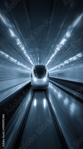 sleek high-speed train moves rapidly through a modern illuminated tunnel, emphasizing advanced transportation technology, speed, and efficient urban mobility systems