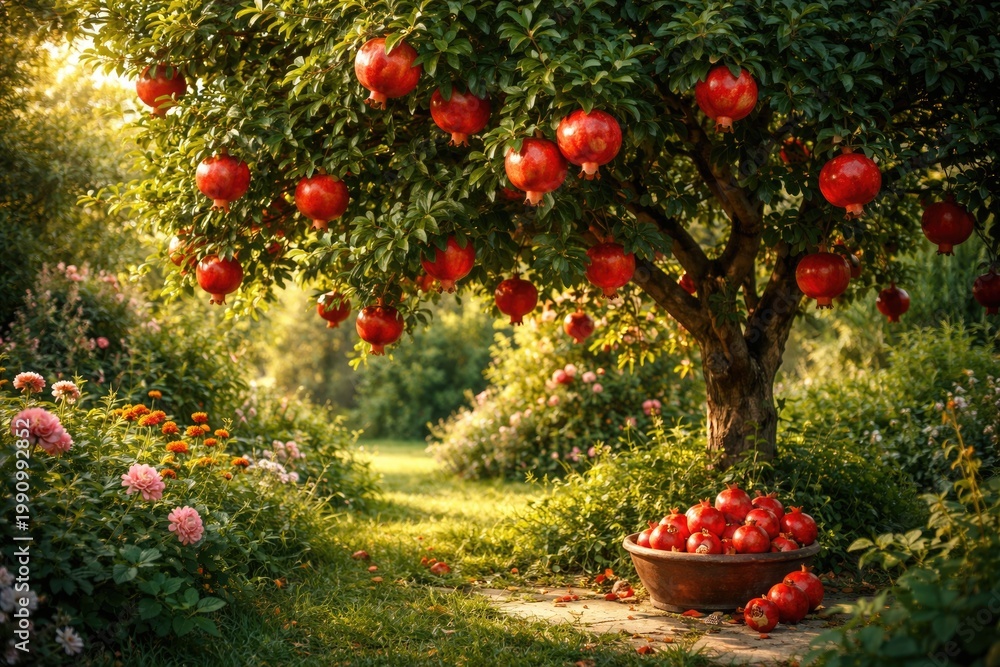 Fototapeta premium Fruit laden pomegranate tree in lush garden