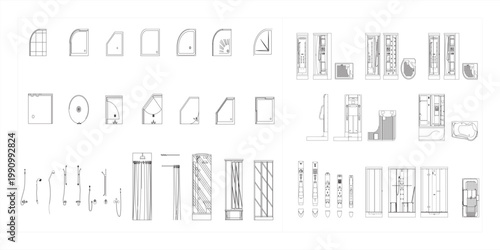 Modern Shower Set CAD Drawing – Bathroom Shower Head and Mixer Technical Plan – Sanitary Ware Vector Illustration EPS 10