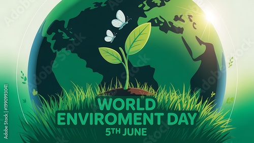 World environment day concept with green sprout and butterflies over planet earth illustration for june event