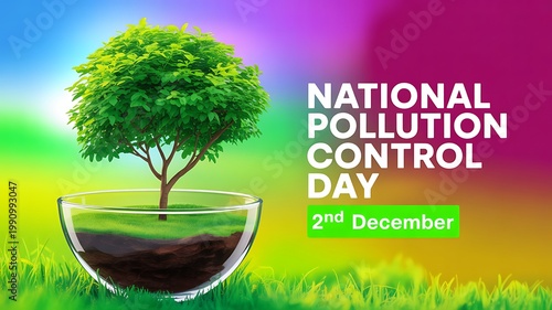 National pollution control day concept with green tree growing inside a glass bowl representing earth ecology