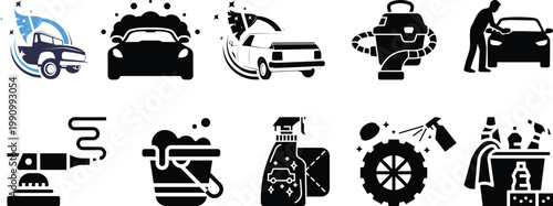 Car service and repair icons element. Garage, engine, oil, maintenance, accelerate icon.Car wash icon set featuring modern cleaning equipment and vehicles.Car cleaning and detailing icons, 