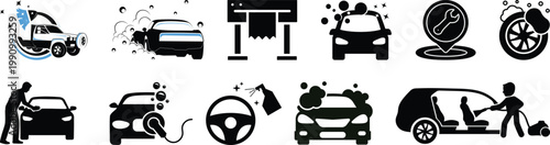 Car service and repair icons element. Garage, engine, oil, maintenance, accelerate icon.Car wash icon set featuring modern cleaning equipment and vehicles.Car cleaning and detailing icons, 