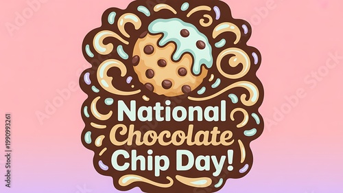 National chocolate chip day artistic celebration poster with a single large cookie and swirl decorations, chocolate