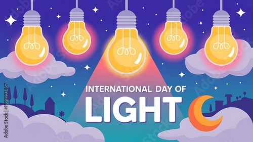 International day of light celebration banner with glowing bulbs and moon illumination electricity technology