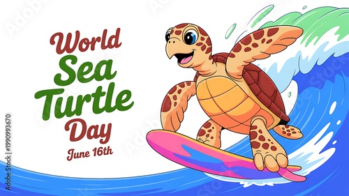 Cartoon sea turtle surfing on blue ocean wave for world sea turtle day with wildlife swimming conservation tropical