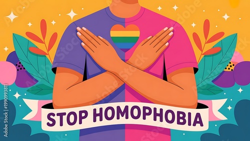 Stop homophobia awareness concept with person and rainbow heart graphic homophobia equality awareness diversity