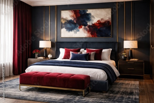 Contemporary bedroom decor showcasing navy blue and crimson red accents