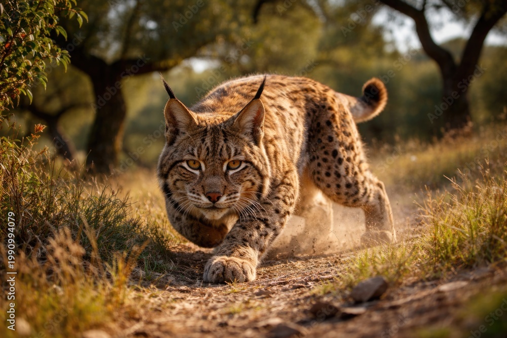 Fototapeta premium Iberian Lynx Hunting in Sunny Open Woodland Environment